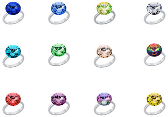 3d render beautiful silver rings set with precious stones