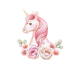 Obraz na płótnie Canvas Unicorn portrait, face with pink mane and floral vignette, frame with flowers. Watercolor. Illustration. Hand drawing. Greeting card design. Clip art