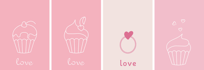 collection of pink greeting cards with love symbols, valentine, valentine's day greetings, background image, vector graphics, drawing in the style of minimalism