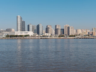 Fototapeta premium Shanghai city skyline along Huangpu river in sunny day.
