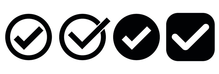 Check mark icon set in black color. check box set, check list signs, approval badge. Vector illustration isolated on a white background