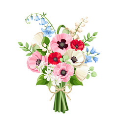 Bouquet of red, pink, blue, and white poppy, bluebell, and lily of the valley flowers isolated on a white background. Vector illustration.