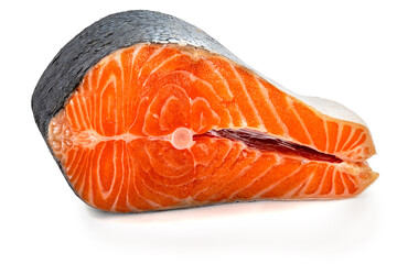 Chilled salmon large piece, fillet, steak. Fresh raw trout fish, isolated food on white background. Red meat healthy seafood