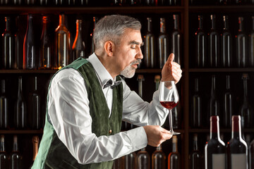 Sommelier with a glass of wine. Examination of wine products. Restaurant staff, expert wine steward among shelves of wine bottles. Stylish middle-aged man with a grey beard