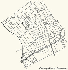 Detailed navigation black lines urban street roads map of the OOSTERPARKBUURT NEIGHBORHOOD of the Dutch regional capital city Groningen, Netherlands on vintage beige background