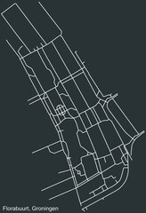 Detailed negative navigation white lines urban street roads map of the FLORABUURT NEIGHBORHOOD of the Dutch regional capital city Groningen, Netherlands on dark gray background