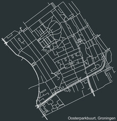 Detailed negative navigation white lines urban street roads map of the OOSTERPARKBUURT NEIGHBORHOOD of the Dutch regional capital city Groningen, Netherlands on dark gray background