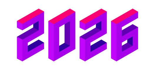 New Year 2026 purple color design on white. Isometric style.