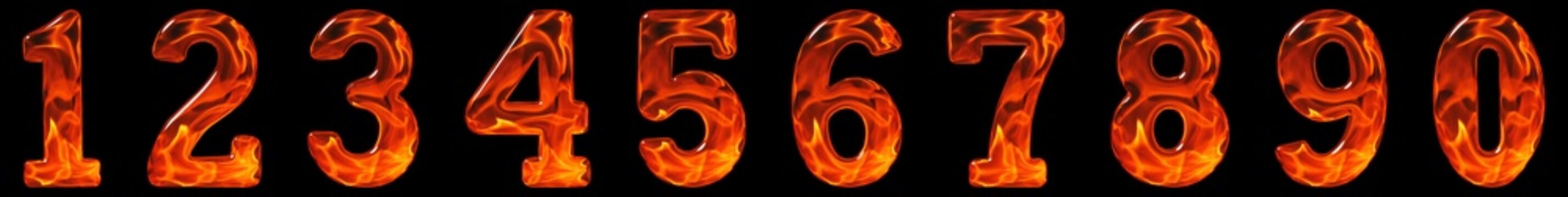 Set of arabic numbers, emitation flame texture, 3D illustration, isolated on black background