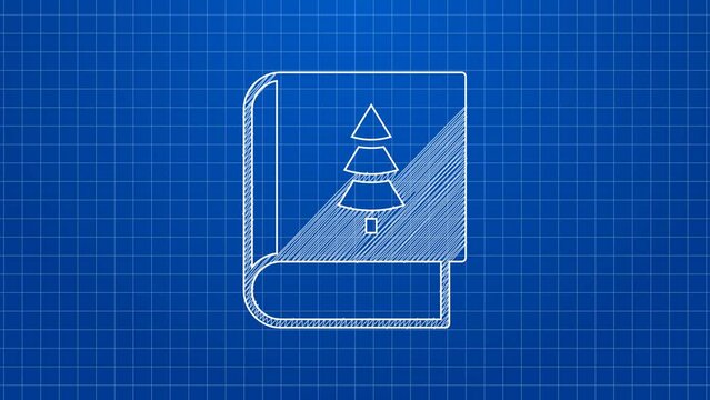 White line Christmas book cover or flyer template icon isolated on blue background. Merry Christmas and Happy New Year. 4K Video motion graphic animation