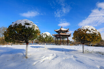 Traditional ancient architecture Pavilion in snow, North China