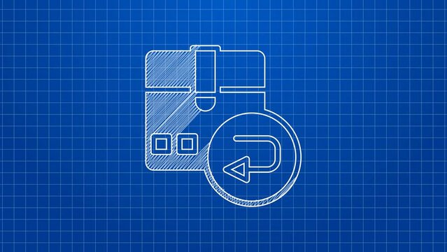 White line Return cardboard box icon isolated on blue background. Box, package, parcel sign. Delivery and packaging. 4K Video motion graphic animation