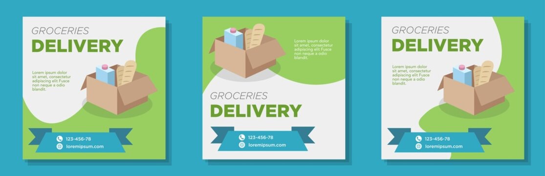 Groceries Delivery Social Media Post, Banner Set, Online Supermarket Advertisement Concept, Food Delivery Service Business Marketing Square Ad, Abstract Print, Isolated On Background