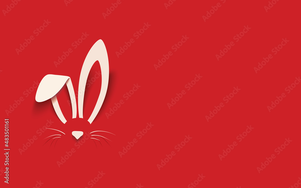 Wall mural happy easter greeting card with white paper cut easter bunny isolated on a red background,vector ill