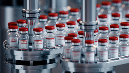 3d render. SARS-COV-2 COVID-19 Coronavirus Vaccine Mass Production. Pharmaceutical manufacture,...