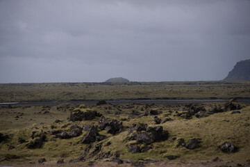 Green Grassy mountain Landscape in the highlands. Travel and nature on a beautiful cold day