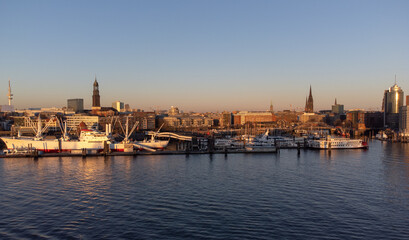 Fototapeta na wymiar Sunset over Hamburg harbour - aerial view - drone photography Germany from above