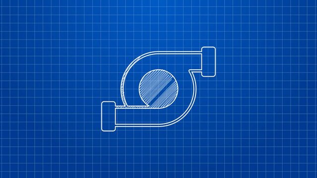 White line Automotive turbocharger icon isolated on blue background. Vehicle performance turbo. Turbo compressor induction. 4K Video motion graphic animation