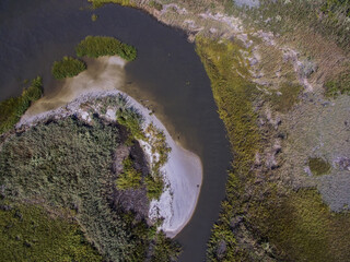 Sand bar and small channels in an aerial drone image on the confluece of the Delaware bay and the Maurice River near Cape May