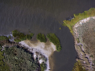 Sand bar and small channels in an aerial drone image on the confluece of the Delaware bay and the Maurice River near Cape May