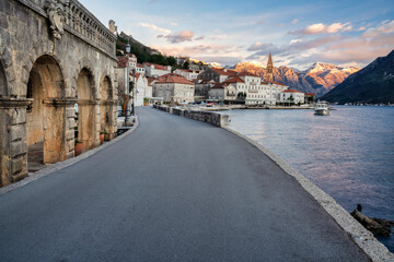 view of Perast village in Kotor bay, Montenegro.