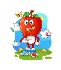 apple head cartoon pick flowers in spring. character vector