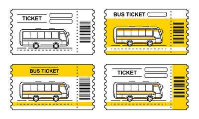 Bus travel ticket, autobus public transport pass outline icon set. Paper passenger seat card for trip on city road minibus. Journey coupon urban transportation. Payment auto tourist ride. Flat vector © Alla Koala