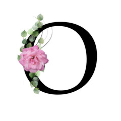 Capital letter O decorated with p[ink rose and leaves. Letter of the English alphabet with floral decoration. Green foliage.