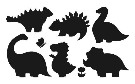 Dinosaur silhouette set. Reptile stamp or stencil collection dino contour childish character. Wildlife funny dinosaurs prehistoric lizard. Kids design for fabric or textile, predators and print vector