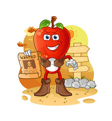 apple head cartoon cowboy with wanted paper. cartoon vector