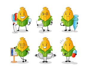 corn doctor group character. cartoon mascot vector