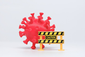 A picture of Covid-19 3D printed module with caution sign. Caution with new variant of coronavirus