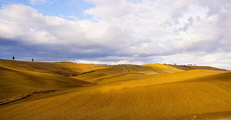 Fototapeta na wymiar Typical view in Tuscany - the colorful rural fields and hills - travel photography
