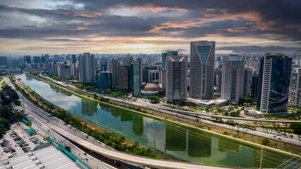 Fototapeta premium Estaiada's bridge aerial view in Marginal Pinheiros, São Paulo, Brazil. Business center. Financial Center. Famous cable stayed (Ponte Estaiada) bridge
