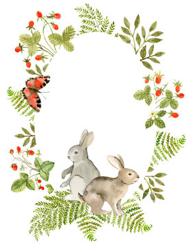 Watercolor bunnies illustration border. Forest animals frame for baby shower invitation, greeting, card