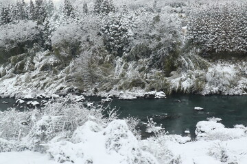 Winter snowing in Japan along river