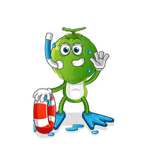 Obraz premium green coconut head cartoon swimmer with buoy mascot. cartoon vector