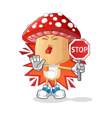 red mushroom head cartoon holding stop sign. cartoon mascot vector