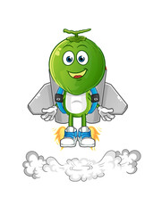 green coconut head cartoon with jetpack mascot. cartoon vector