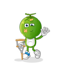 green coconut head cartoon sick with limping stick. cartoon vector