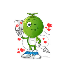 green coconut head cartoon hold love letter illustration. character vector