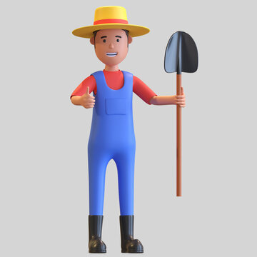 farmer carrying shovel and show thumb cartoon character isolated 3d render illustration