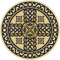 Vector round gold Yakut amulet Protection of the house. Circle Talisman Protection of the family hearth. National ornament of the peoples of the Far North, tundra, taiga.
