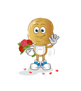 Potato Head Cartoon With Bouquet Mascot. Cartoon Vector