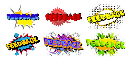 Feedback. Comic book word text on abstract comics background. Retro pop art style illustration.