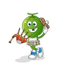 green coconut head cartoon scottish with bagpipes vector. cartoon character
