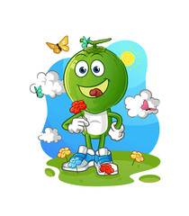 green coconut head cartoon pick flowers in spring. character vector