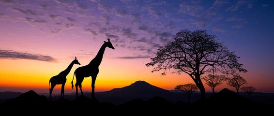 Panorama silhouette Giraffe family and silhouette tree in africa with sunset.Tree silhouetted against a setting sun Typical african sunset with acacia trees in Masai Mara. - obrazy, fototapety, plakaty