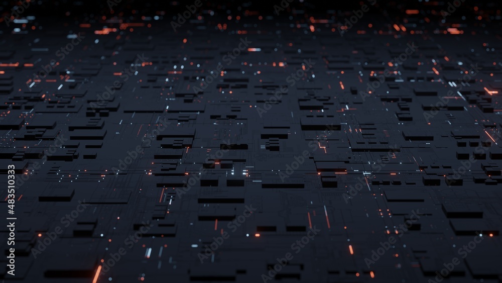 Poster 3D Rendering of Abstract high tech digital technology background Metallic glossy rectangular shapes with particles of glowing dots and lines.