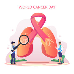 World cancer day concept. Doctors are doing an internal organ lungs inspection for illness, disease, or problems. Flat vector template style Suitable for Web Landing Pages.